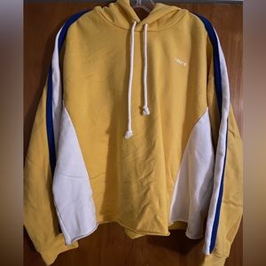 Levi’s yellow hoodie with blue/white sleeve stripes XL